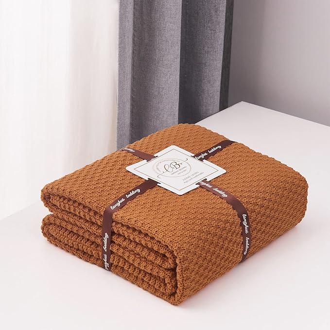Longhui bedding Burnt Orange Knitted Throw Blanket for Couch, Soft, Cozy Machine Washable 100% Cotton Sofa Knit Blankets, Heavy 4.0lb Weight, 60 x 80 Inches, Laundry Bag Included