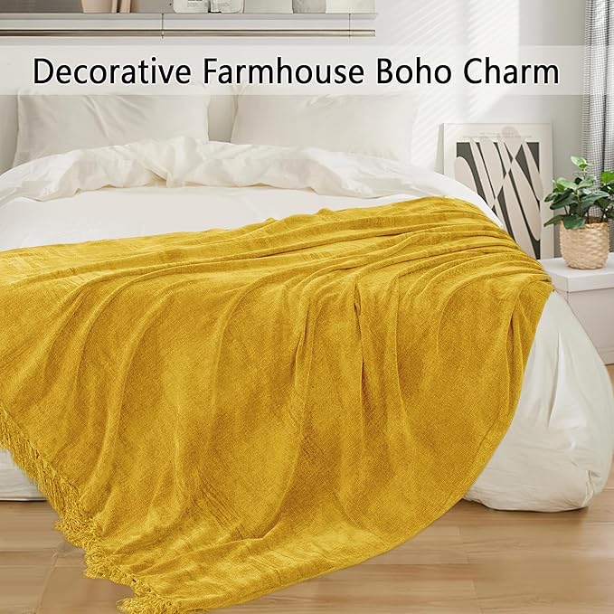 Chenille Throw Blanket for Couch 50"X 60", Soft Cozy Throws with Fringe Tassel for Bed Sofa Chair, Lightweight Knitted Decorative Farmhouse Boho Blankets for Gift, Yellow