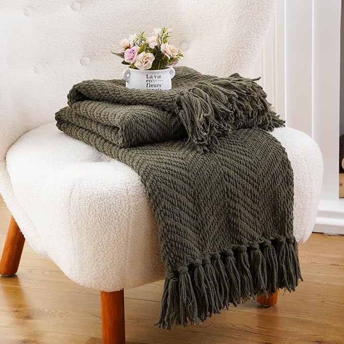 BATTILO HOME Olive Green Throw Blanket for Couch, Knit Throw Blanket,Super Soft Warm Home Decor Throw Tassels Bed,Sofa and Living Room,50" x 60"
