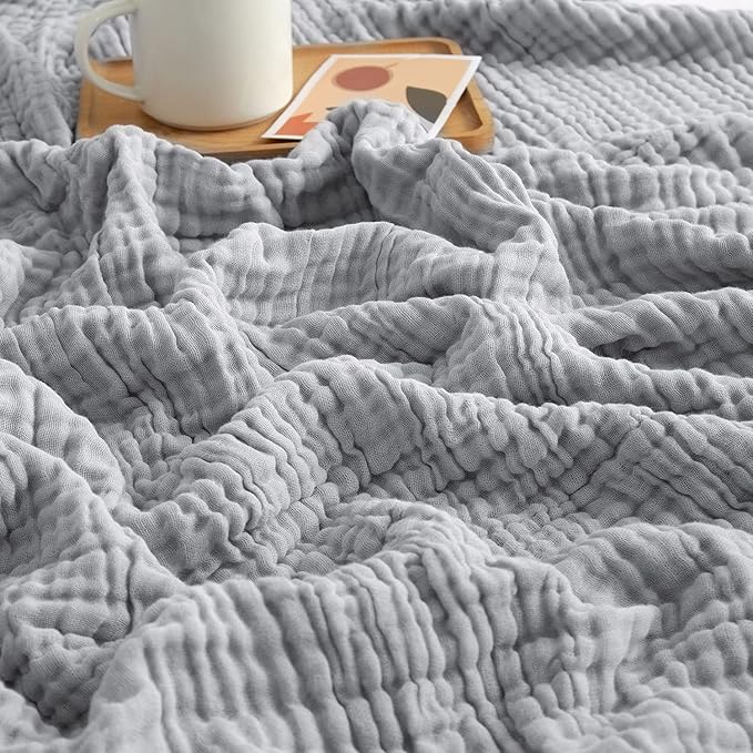EMME Cooling Throw Blanket for Hot Flashes Muslin Throw Blanket 100% Cotton Throws Gauze Blanket All Season Soft Lightweight Breathable Blanket (Light Grey, 55"x75")