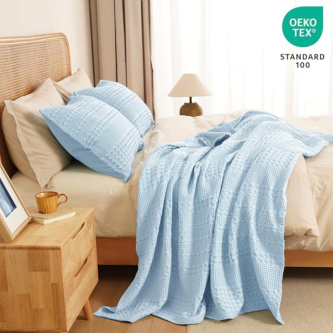 PHF 100% Cotton Waffle Weave Throw Blanket, Soft Lightweight Breathable Cozy Summer Throws for Couch Bed Sofa, Luxury Aesthetic Woven Blanket for Home Decor & Office, 50"x60", Baby Blue