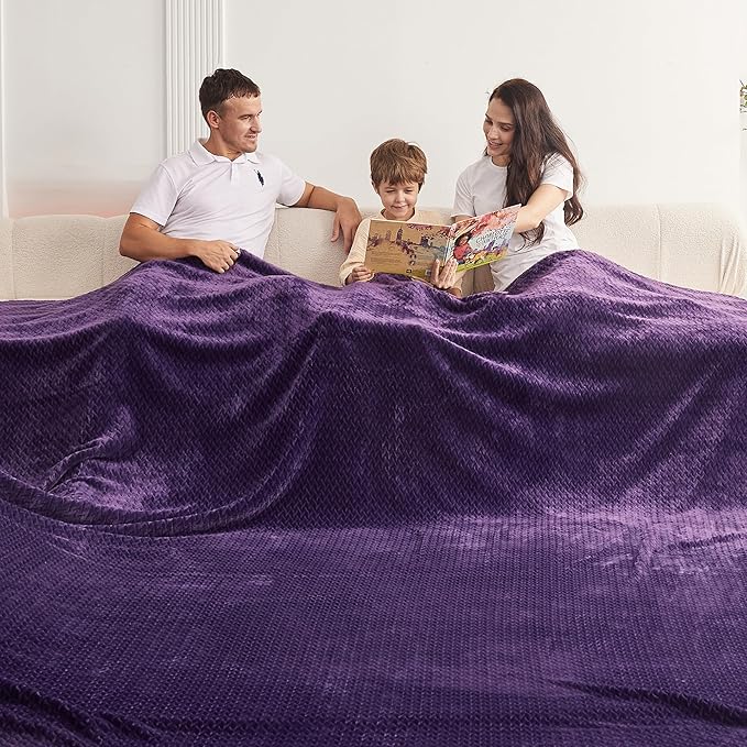 Oversized King Fleece Blanket 120x138 Inches, Seamless Soft Cozy 3D Jacquard Flannel Blanket 10'x11.5' Extra Large for Bed, Sofa, Couch, Travel & Camping, California King Throw, Purple Leaf