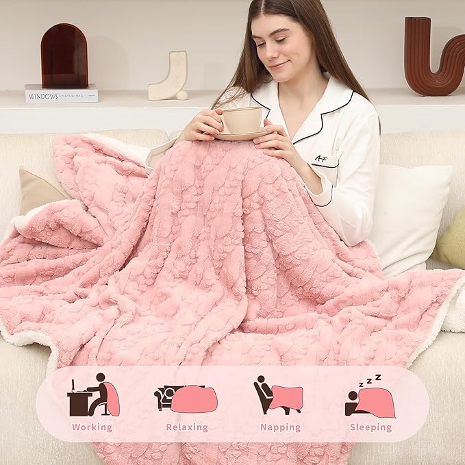 ESTINGO Electric Blanket Throw - 50x60 Rabbit Faux Fur Heating Blanket Throw 4 Hours Auto-Off 5 Heat Levels Overheat Protection Luxury Faux Fur Sherpa Heated Blanket ETL Certification, Candy Pink