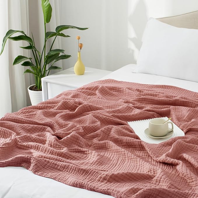 Carriediosa 100% Cotton Muslin Throw Blanket 50" X 70" Throw XL Size,4-Layers Summer Gauze Throws for Bed Couch,Soft Lightweight Breathable Linen Blankets Bedspread for Adults All Season,Mauve