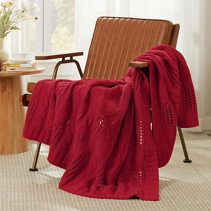 Amélie Home Chunky Knit Chenille Throw Blanket, Breathable Cable Knitted Blanket for Couch, Farmhouse Decorative Throw for Sofa Chair Bed, 50"x60", Red