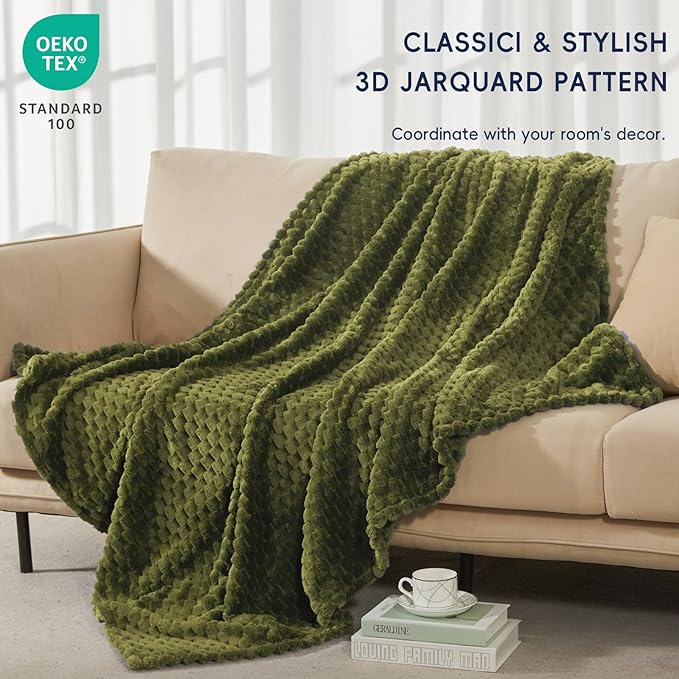 PHF Ultra Soft Flannel Fleece Throw Blanket, Lightweight 3D Jacquard Fleece Blanket, No Shedding, No Pilling, Luxury 340GSM Aesthetic Fluffy Cozy Throws for Couch Room Decor, 50"x60", Olive Green