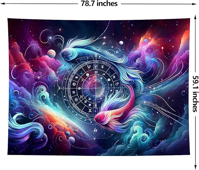 Pisces Tapestry Wall Hanging Zodiac Sign Decoration Aesthetic for Bedroom Living Room Dormitory Suitable for Teen Boy and Girl Who Like Astrology 79x59 Inches