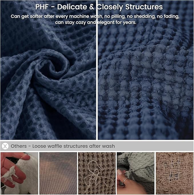 PHF 100% Cotton Waffle Weave Blanket Queen Size 90"x90"-Lightweight Cozy Washed Soft Breathable Throw - Perfect Layer for Couch Bed Sofa-Elegant Aesthetic Home Decoration Gift - Dark Navy
