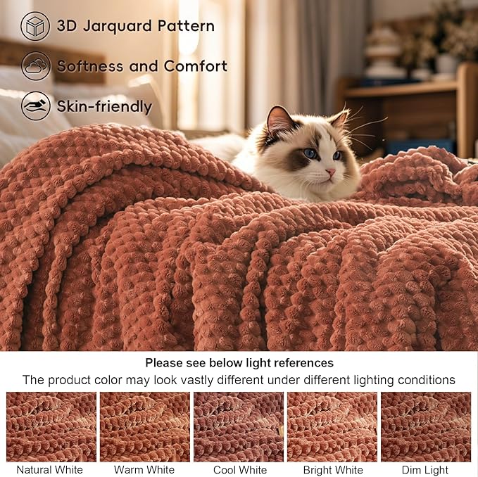 PHF Ultra Soft Flannel Fleece Blanket Queen Size, Lightweight 3D Jacquard Fleece Blanket, No Shedding, No Pilling, Luxury 340GSM Aesthetic Fluffy Cozy for Bed Room Decor, 90"x90", Burnt Umber