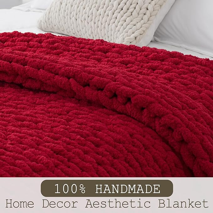 Chunky Knit Throw Blanket 60"X 80", 100% Handmade with Soft Chenille Yarn, 4.4lbs Thick Cable Knitted Blankets, Large Rope Knot Crochet Throws for Couch Sofa Bed Home Decor, Red