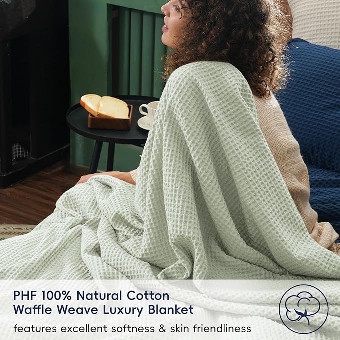PHF Pre-Washed Cotton Waffle Weave Family Blanket,Oversized King Size 120"x 120"-Snag Proof Lightweight Breathable, 10'x 10' Huge Extra Large Big-Elegant Aesthetic Home Decoration Gift,Sage Green