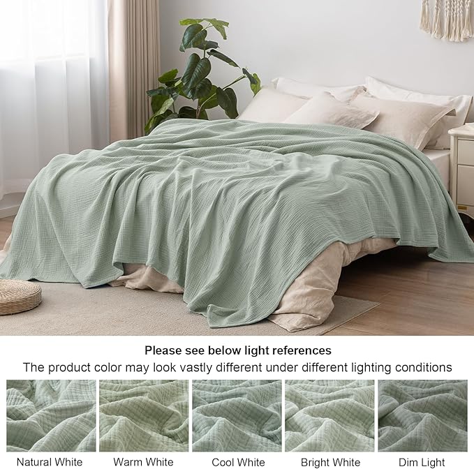 PHF 100% Cotton Muslin Blanket Queen Size 90" x 90", 4-Layer Lightweight and Breathable Blanket for Summer, Luxuriously Soft Gauze Bedding for Bed, Natural Minimalism Style, Ideal Gift, Sage Green