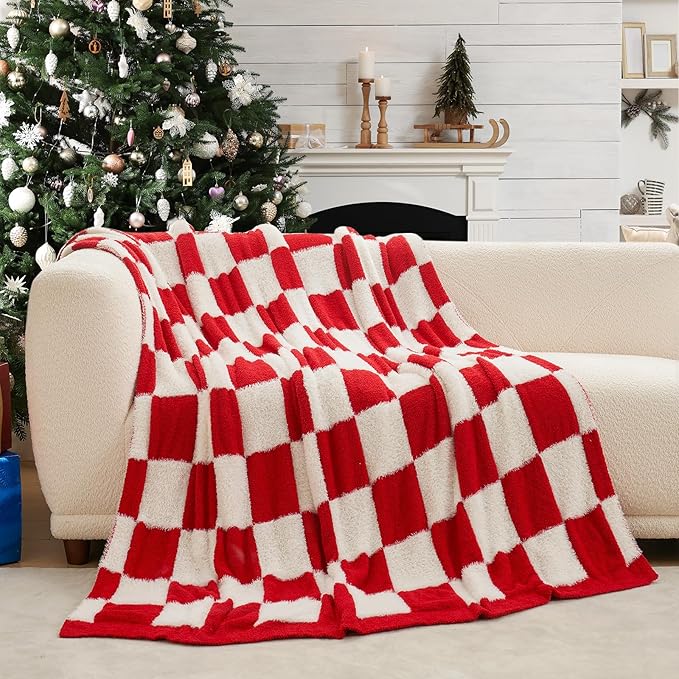 Snuggle Sac Faux Fur Checkered Blanket Twin Size with Soft Knitted Microfiber Fabric,Cozy Soft Warm Blanket for Sofa Bedroom Living Room, Red Checker,60x80 inches