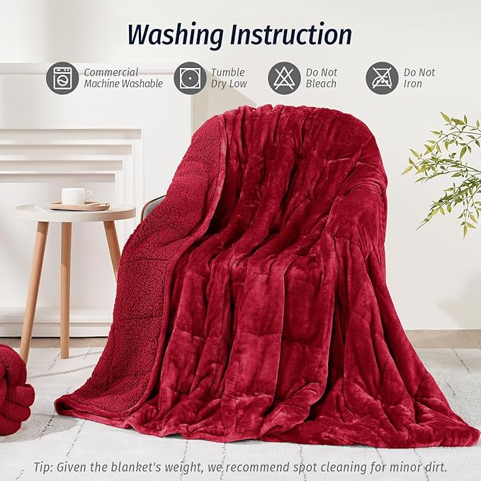 Wemore Sherpa Fleece Weighted Blanket for Adult, 15 lbs Dual Sided Cozy Fluffy Heavy Blanket, Ultra Fuzzy Throw Blanket with Soft Plush Flannel Top, 48 x 72 inches, Burgundy on Both Sides