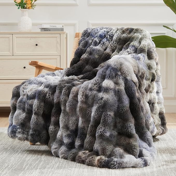 NEWCOSPLAY Faux Fur Throw Blanket Tie-dye Grey Luxury Fluffy Thick Warm Bubble Blanket for Couch Sofa Bed 700GSM (Tie-dye Grey, Throw(50"x60"))