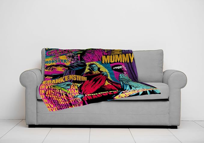Universal Monsters Mashup Plush Throw Blanket - Measures 50 x 70 Inches, Super Soft Lightweight Bedding with Frankenstein, Dracula and The Mummy