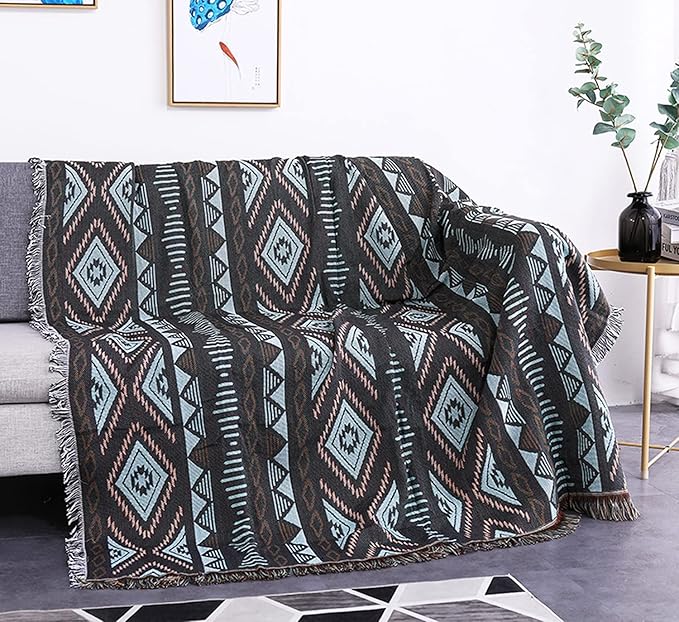 Luxlovery Bohemian Sofa Throw Blankets Ethnic Woven Boho Geometric White and Khaki Throw Blanket for Couch Aztec Bed Throws Oversized Chair Sofa Cover with Tassels(51"x63")
