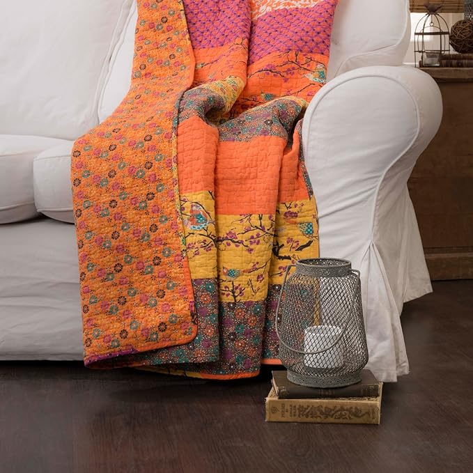 Lush Decor Royal Empire Reversible Cotton Throw Blanket, 50" W x 60" L, Peacock - Colorful Boho Patterns - Blue Throw - Fall Quilted Throw - Bohemian Striped Cotton Blanket For Bed, Couch, Or Chair