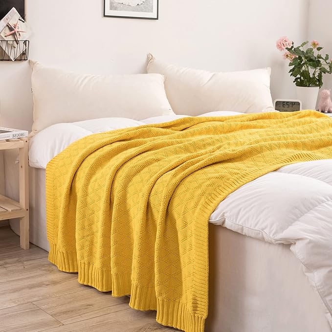 Cotton Lemon Yellow Knit Throw Blanket for Couch Sofa Beach Chair Bed Home Decorative Soft Warm Cozy Cable Lightweight Knitted Blankets,2.2 pounds 50 x 60 Inch with Bonus Laundering Bag
