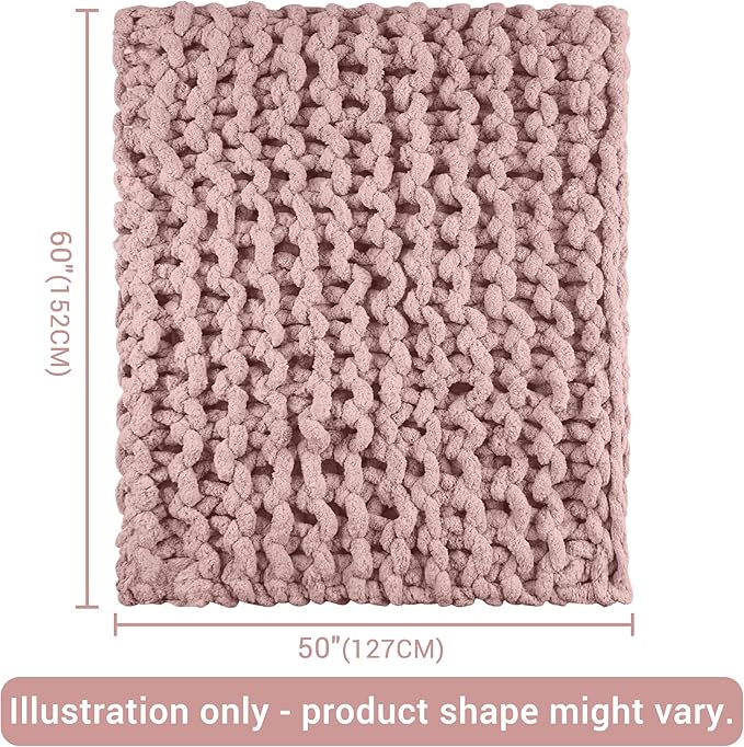 Knit Blanket 50"x60" Pink Cream Soft Washable Chenille Throw Blanket Cozy 100% Handmade Crochet Blankets with Jumbo Chenille Yarn for Couch Bed Sofa Room Decor