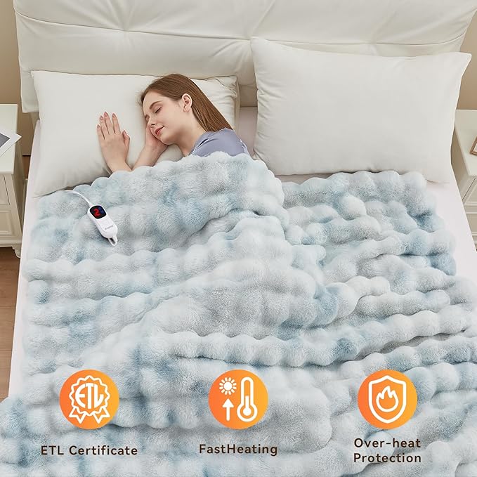 Heated Blanket Throw with 1/2/4/6/8 Hours Auto-Off 10 Heat Level, 72'' * 84'' Cozy Faux Rabbit Fur Bubble Electric Blanket with Overheat Protection(Blue)
