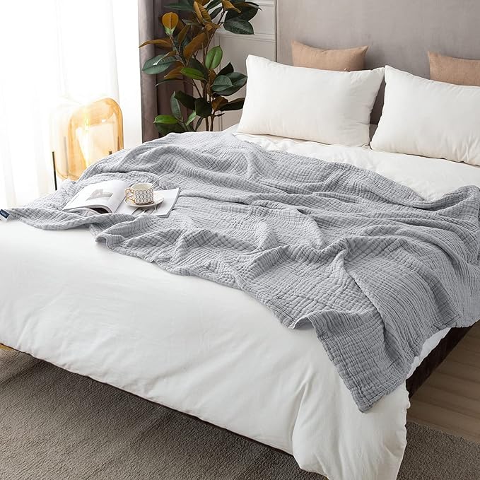 EMME Cooling Throw Blanket for Hot Flashes Muslin Throw Blanket 100% Cotton Throws Gauze Blanket All Season Soft Lightweight Breathable Blanket (Light Grey, 55"x75")