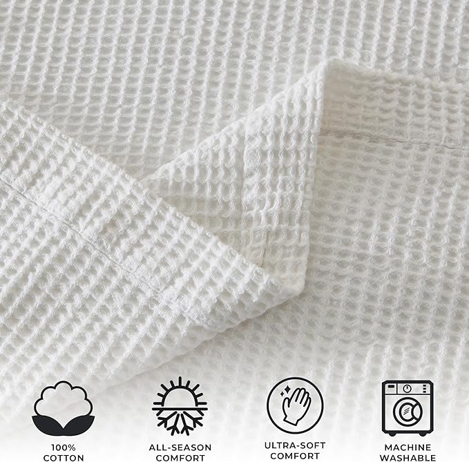 100% Cotton Blanket for King Size Bed - White Waffle Weave Lightweight Summer Bed Blanket - 102x90in Prewashed Breathable, Woven, Layering Blanket (King, White)
