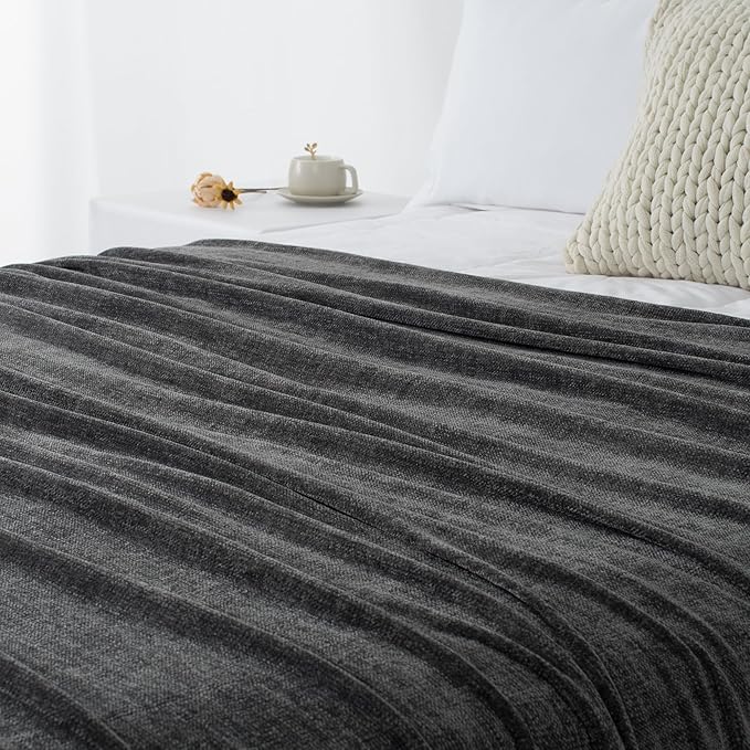 Chenille Throw Blanket for Couch 50"X 60", Soft Cozy Throws with Fringe Tassel for Bed Sofa Chair Cover, Lightweight Knitted Decorative Boho Blankets for Living Room, Dark Grey