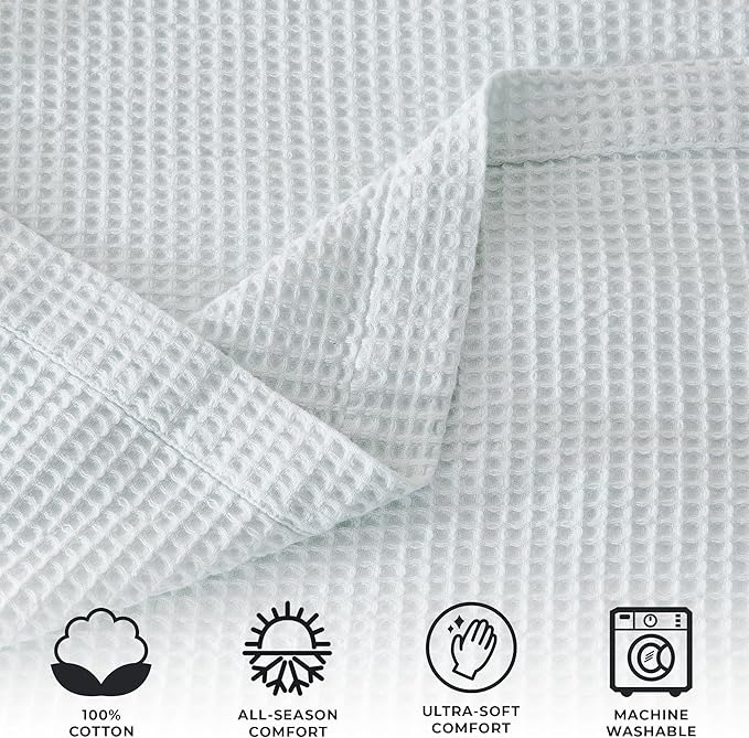 100% Cotton King Size Bed Blanket - Light Blue Waffle Weave Summer Blanket - 102x90in Prewashed, Breathable, Woven, Layering