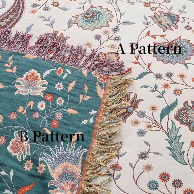 Summer Boho Throw Blanket 60"x80",100% Cozy Cotton Blankets for Travel, Picnic, Reversible Lightweight Knitted Farmhouse Cotton Muslin Blankets for Bedroom,Home Decor