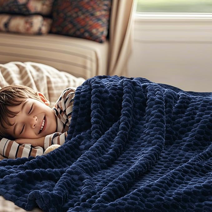 PHF Ultra Soft Flannel Fleece Throw Blanket, Lightweight 3D Jacquard Fleece Blanket, No Shedding, No Pilling, Luxury 340GSM Aesthetic Fluffy Cozy Throws for Couch Room Decor, 50"x60", Navy Blue