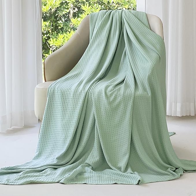 AmyHomie Cooling Blanket Queen Size, 100% Rayon Derived from Bamboo,Cool Summer Blanket for Hot Sleepers Soft Comfy Waffle Lightweight Blankets for All Seasons(90×90in,Sage Green)