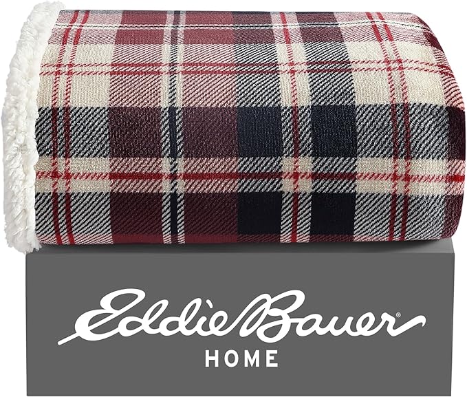 Eddie Bauer - Blanket, Super Soft Reversible Sherpa & Brushed Fleece Bedding, Throw Blankets for Couch, Ideal for Lounging (Trailhead Plaid Red)