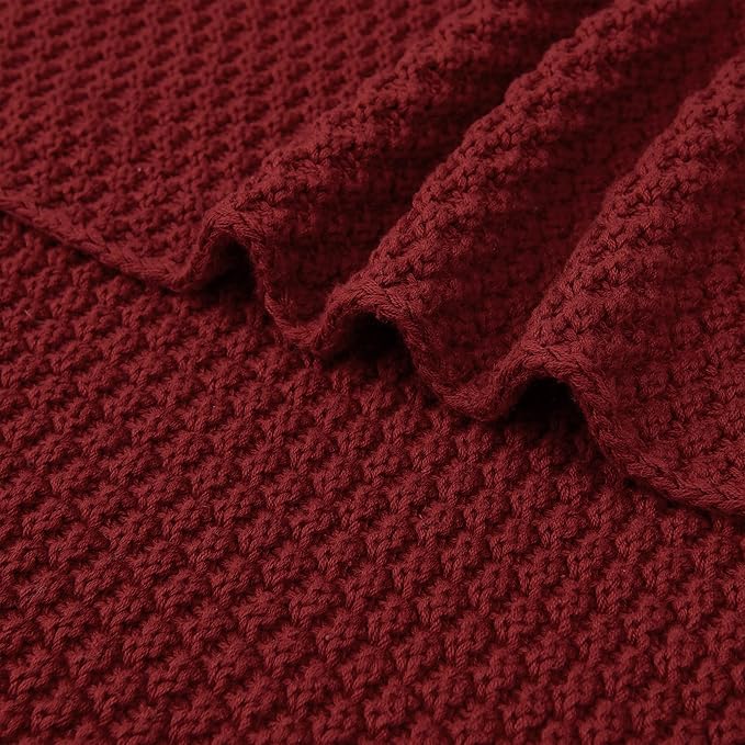 Longhui bedding Wine Red Knitted Throw Blanket for Couch, Cozy Machine Washable 100% Cotton Sofa Knit Blankets, 51 x 63 Inches, Burgundy Color