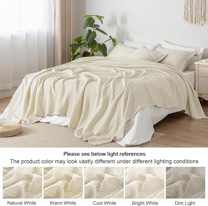 PHF 100% Cotton Muslin Throw Blanket 50" x 60", 4-Layer Lightweight and Breathable Blanket for Summer, Luxuriously Soft Gauze Throws for Couch, Natural Minimalism Style, Ideal Gift, Birch