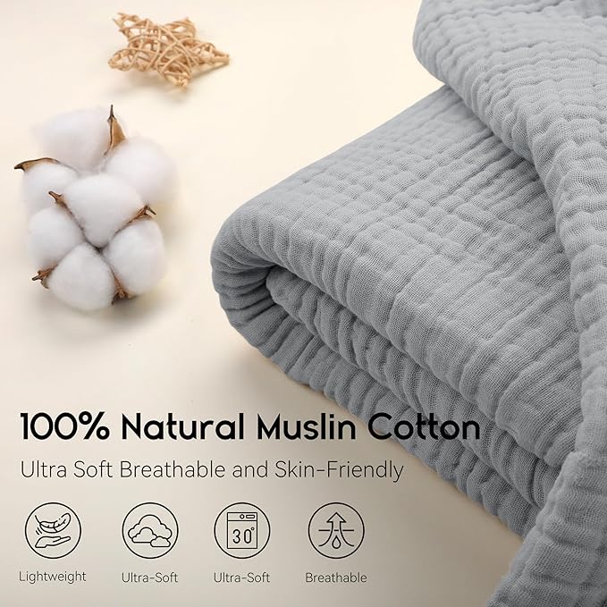 Yoofoss Muslin Blanket 100% Cotton Throw Large 50" x 60" for Bed Couch Summer Gauze Blanket for Adults Lightweight and Breathable Grey