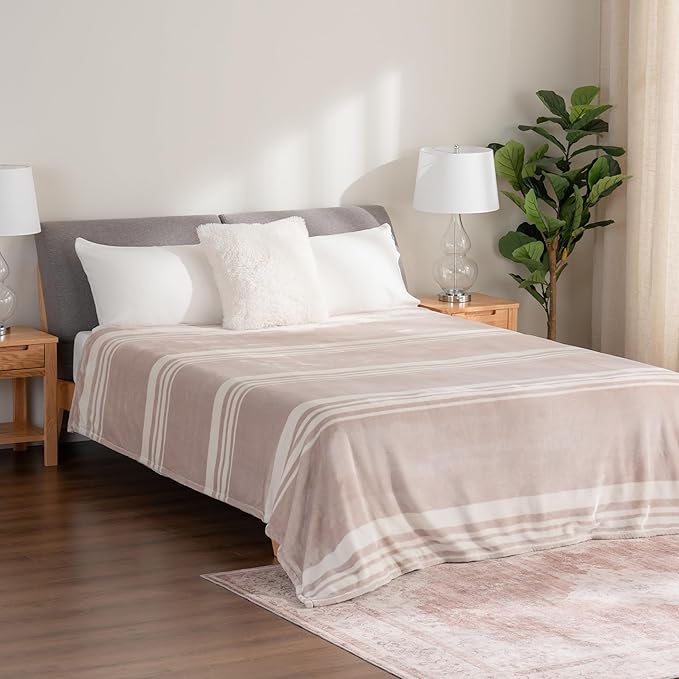 Berkshire Blanket-Classic Heavyweight Soft Printed VelvetLoft® Plush Warm Blanket, Twin Size Soft Fuzzy Blanket for Couch Sofa Bed, Stripe Cream, 60in x 90in