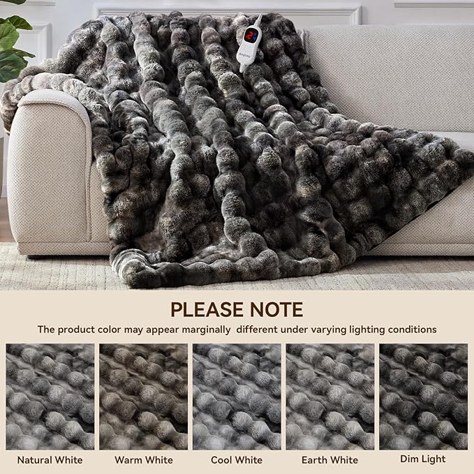 Heated Blanket Throw with 1/2/4/6/8 Hours Auto-Off 10 Heat Level, 50'' * 60'' Cozy Faux Rabbit Fur Bubble Electric Blanket with Overheat Protection(Tie-Dye Dark Grey)
