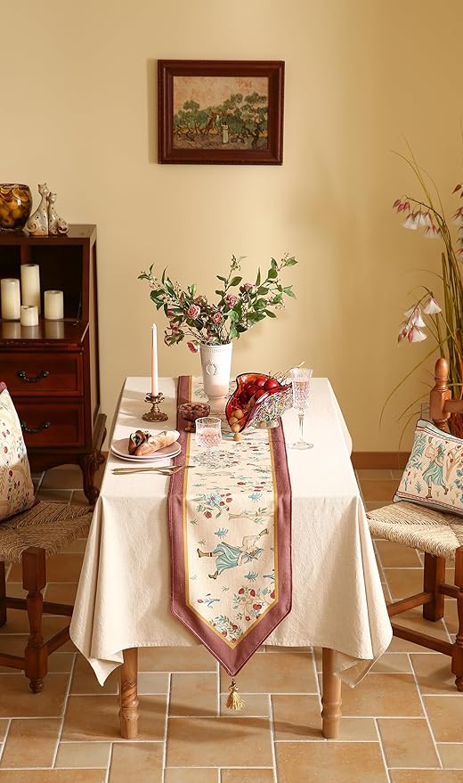patdrea Designer Idyll Linen Table Runner, Vintage Beige Farmhouse with Ancient Spring Figure and Fruit Trees Pattern Table Mat, Decoration for Kitchen Dining Banquet Christmas ,12"*87"