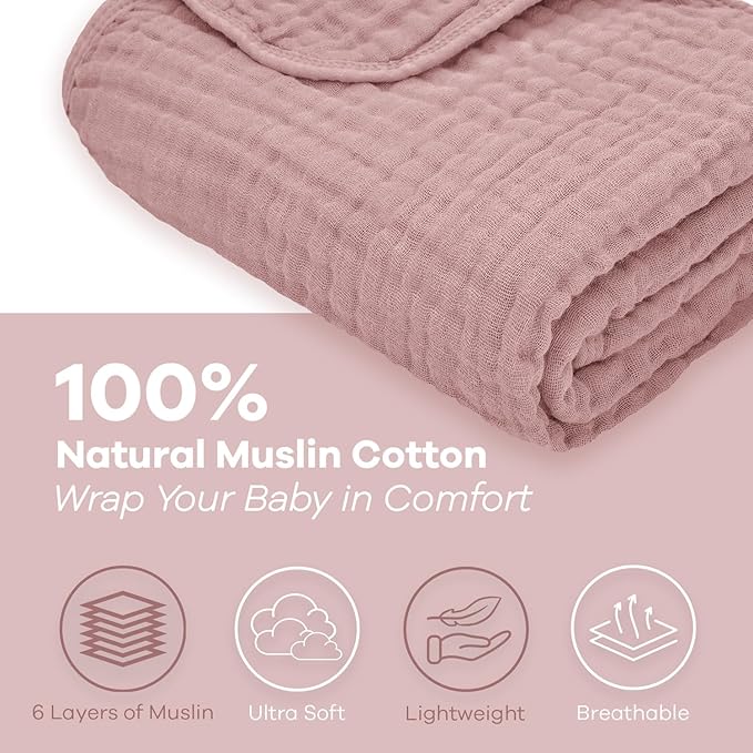 Comfy Cubs Muslin Baby Blanket - Soft, Lightweight, 6-Layer Cotton Swaddle Blankets for Newborns, Infants & Toddlers - 40" x 40" Large, Breathable & Versatile for Sleeping & Tummy Time - Mauve