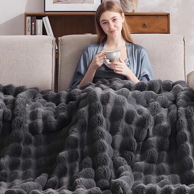 Heated Blanket Throw with 1/2/4/6/8 Hours Auto-Off 10 Heat Level, 50'' * 60'' Cozy Faux Rabbit Fur Bubble Electric Blanket with Overheat Protection(Dark Grey)