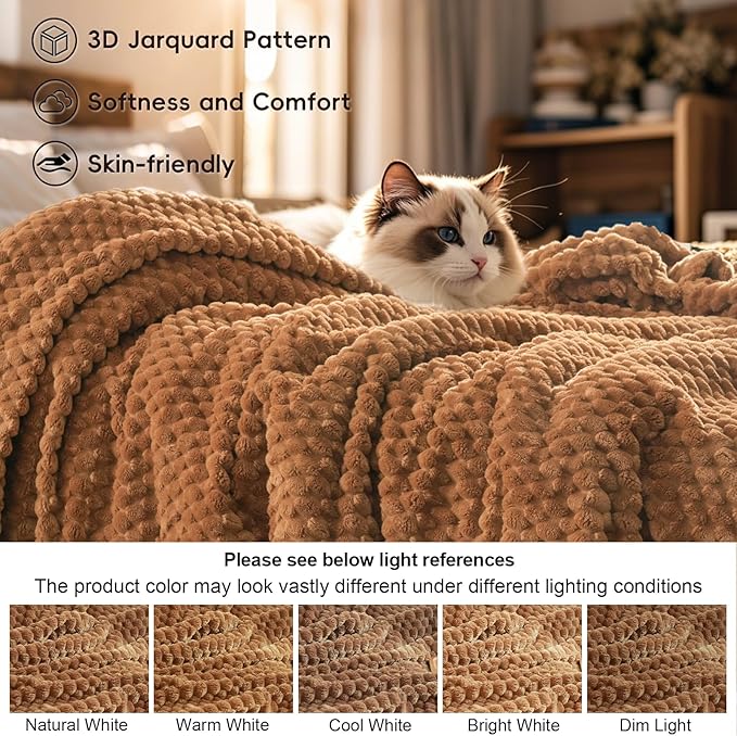 PHF Ultra Soft Flannel Fleece Blanket Queen Size, Lightweight 3D Jacquard Fleece Blanket, No Shedding, No Pilling, Luxury 340GSM Aesthetic Fluffy Cozy for Bed Room Decor, 90"x90", Terracotta