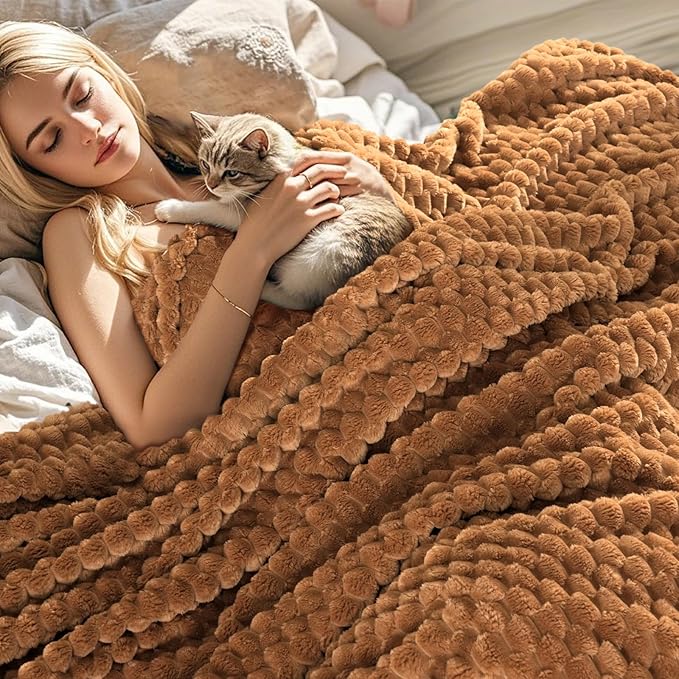 PHF Ultra Soft Flannel Fleece Blanket Queen Size, Lightweight 3D Jacquard Fleece Blanket, No Shedding, No Pilling, Luxury 340GSM Aesthetic Fluffy Cozy for Bed Room Decor, 90"x90", Terracotta