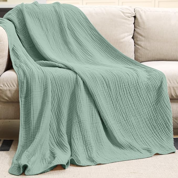 Yoofoss Muslin Blanket 100% Cotton Throw Large 50" x 60" for Bed Couch Summer Gauze Blanket for Adults Lightweight and Breathable Dark Green