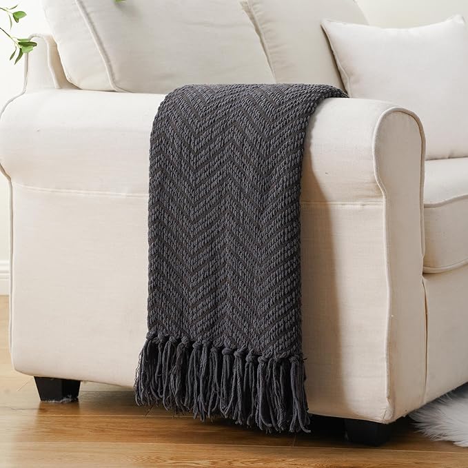 BATTILO HOME Dark Grey Throw Blanket for Couch, Knit Charcoal Throw Blanket Versatile for Chair, 60 x 80 Inch - Super Soft Warm Grey Blanket with Tassels for Bed, Sofa and Living Room