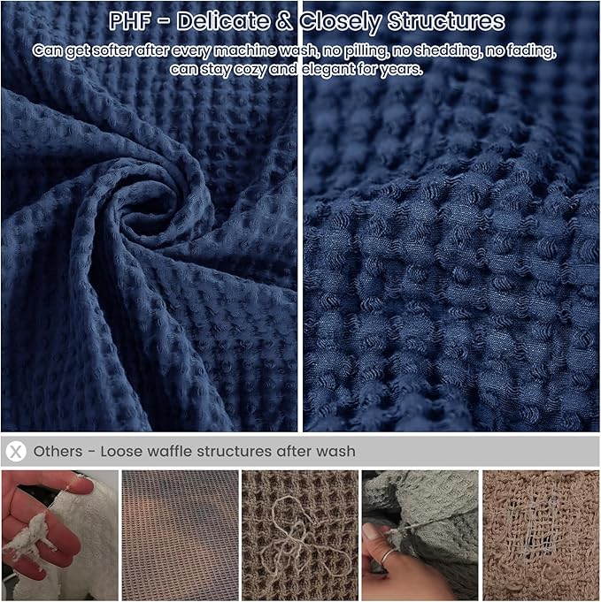 PHF Pre-Washed Cotton Waffle Weave Blanket Twin Size for Bed,Snag Proof Throw for Couch Spring Summer Lightweight Breathable,Oeko-TEX Certified,Machine Washable,Home Decor Gift-Bright Navy Blue