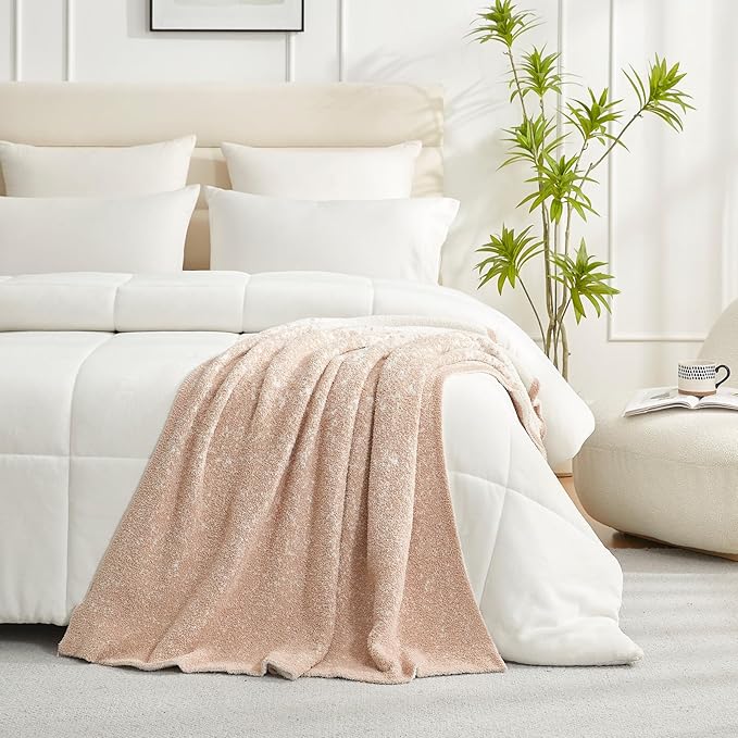 Snuggle Sac Beige Throw Blanket for Couch, Reversible Super Soft Warm Blankets Cozy Knit Blanket Fuzzy Plush Lightweight Throws for Sofa, Bed, Picnic, Ombre Beige, 50 x 60 inches