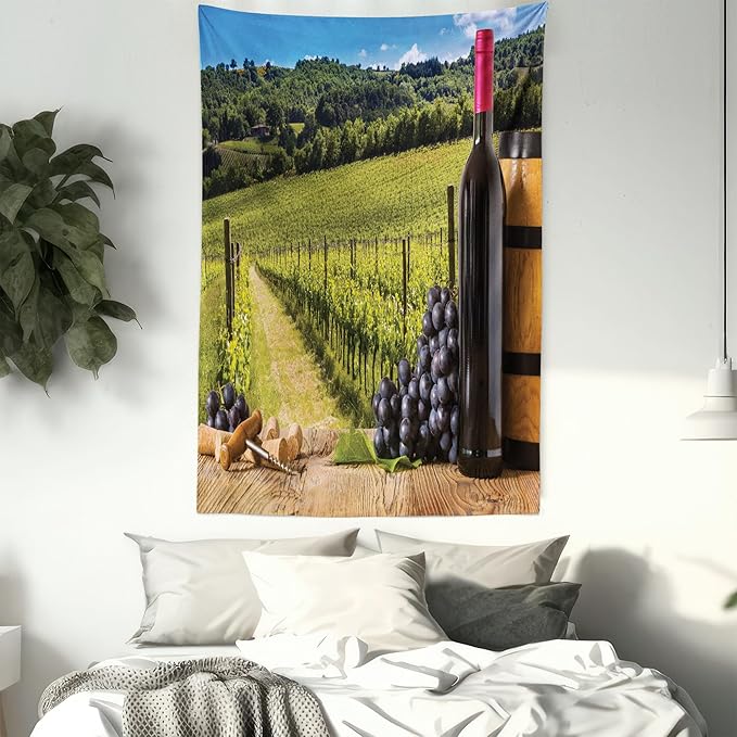 Ambesonne Winery Tapestry Twin Size, Red Wine Bottles with Grapes on Timber Board Tuscany Italian Terrace Scenery, Wall Hanging Bedspread Bed Cover Wall Decor, 68" X 88", Green Blue Brown