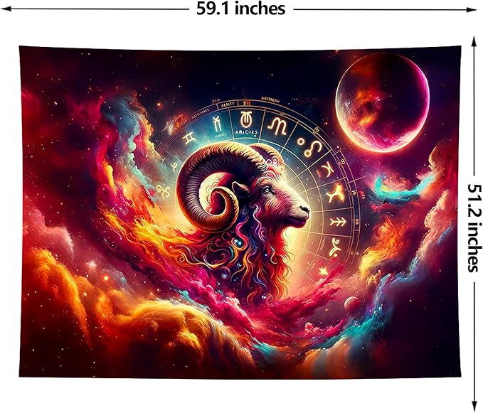 Aries Tapestry Wall Hanging Zodiac Sign Decoration Aesthetic for Bedroom Living Room Dormitory Suitable for Teen Boy and Girl Who Like Astrology 59x51 Inches