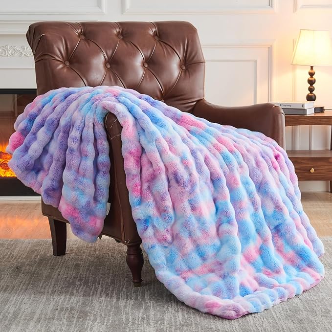 NEWCOSPLAY Faux Fur Throw Blanket Purple Rainbow Luxury Fluffy Thick Warm Bubble Blanket for Couch Sofa Bed 700GSM (Purple Rainbow, Throw(50"x60"))